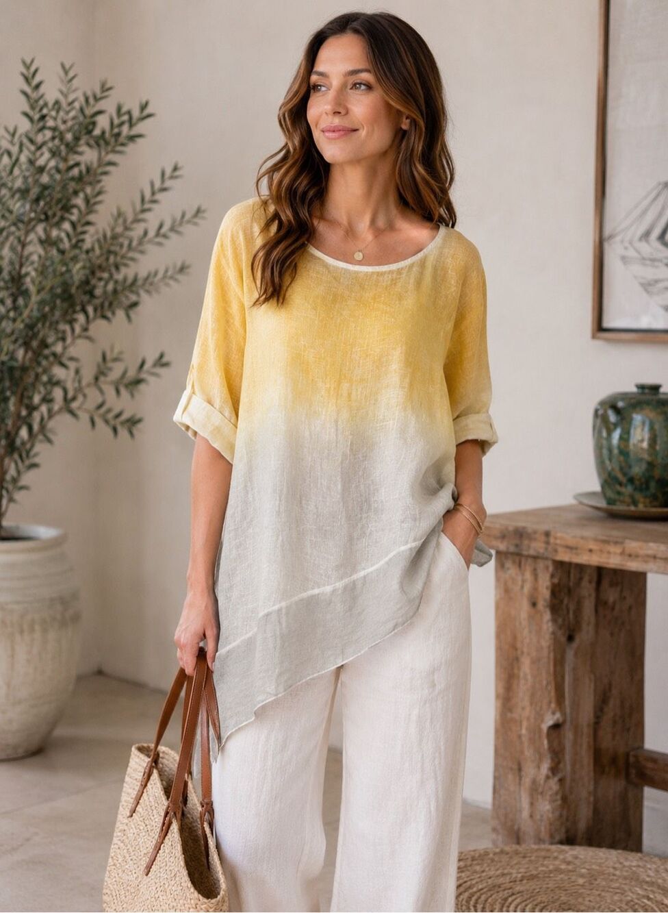 Belle France Italy Linen Silk Ombre Asymmetrical Tunic Top Relaxed Boho Size S